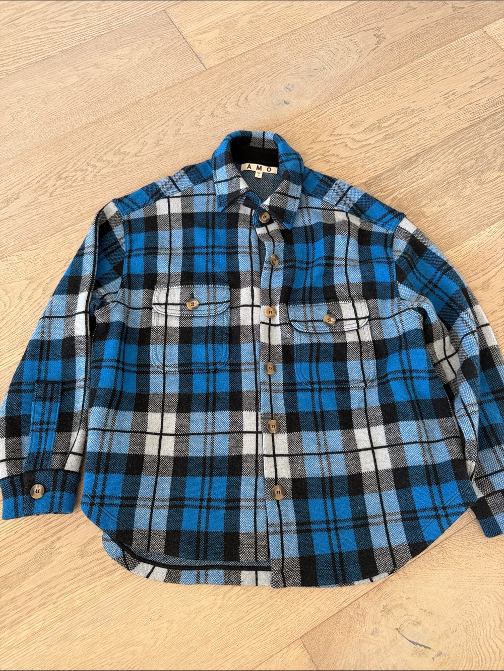 AMO Blue, Black and Gray Plaid Button-Front Shirt Jacket